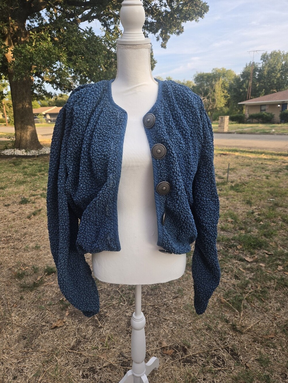 Blue Textured Button-Front Teddy Jacket